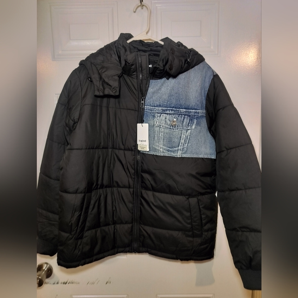 Desigual Black Puffer Jacket Denim Panel Hood Men Size S (Tag M) NWT
